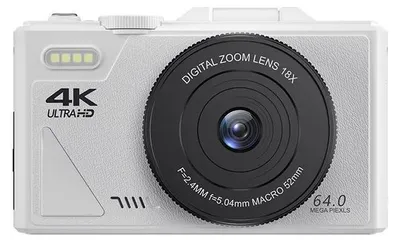 Immagine prodotto di Fotocamera digitale - Fotocamera per vlog - 64 MP - Touchscreen da 7,6 cm - Zoom 18x - Wi-Fi - Scheda SD da 64 GB - Bianco