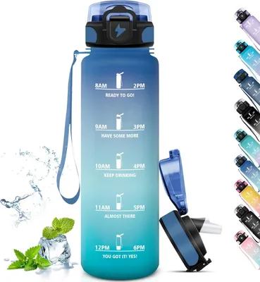 Produktbild von Trinkflasche 1 L, Auslaufsicher, Mit Strohhalm, Für Sport, Camping, Radfahren