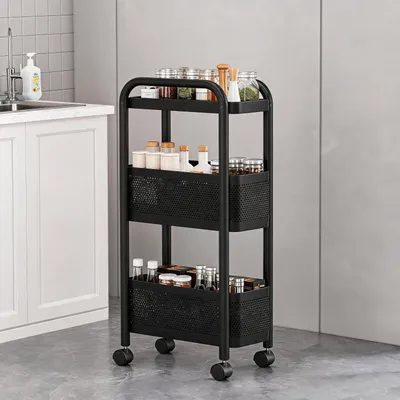Produktbild von 3 Etagen Schmaler Rollwagen Organizer Küchen Aufbewahrungswagen Schwarz