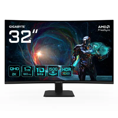 Produktbild von GIGABYTE GS32QCA 31,5" QHD Curved Gaming Monitor - 2560 x 1440, 180Hz, 1ms, 250 cd/m², FreeSync, HDR Ready, HDMI 2.0, Displayport 1.4, 80 cm (31.5"), 2560 x 1440 Pixel, Quad HD, LED, 1 ms, Schwarz