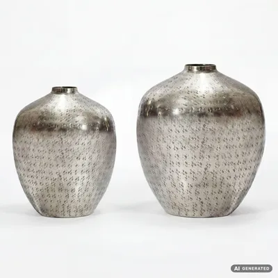 Immagine prodotto di Set di 2 vasi da tavolo in alluminio argentato, decorativi, rotondi, in metallo, design moderno, ideali per il soggiorno, decorazioni per la casa, realizzati a mano, Immagine generata dall'IA