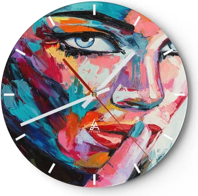 Produktbild von Wanduhr - Rund - Glasuhr - Mädchen Gesicht - 40x40cm - Schleichendes Uhrwerk - Lautlos - zum Aufhängen bereit - Dekoration Modern - Wanddekoration aus Glas - C3AR40x40-3444