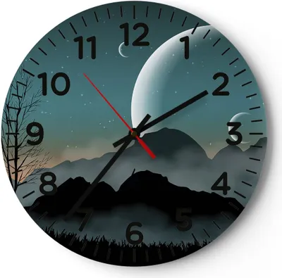 Produktbild von Wanduhr - Rund - Glasuhr - Himmel Nacht Illustration - 30x30cm - Schleichendes Uhrwerk - Lautlos - zum Aufhängen bereit - Dekoration Modern - Wanddekoration aus Glas - C4AR30x30-4143