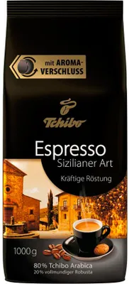 A bag of Tchibo Espresso coffee beans with an image of Italian architecture and a cup of espresso.