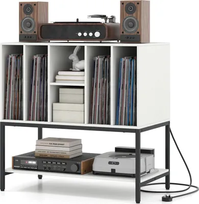 Produktbild von GOPLUS Plattenspielerständer, Aufbewahrungsschrank mit Ladestation & offenes Regale, Vinyl-Schallplattenschrank für bis zu 150+ Alben (Weiß)