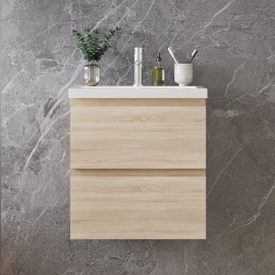 Produktbild von 50 cm Badmöbel-Set Unterschrank mit Mineralguss waschtisch 2 Schubladen soft-close Eiche Matt Selbstmontierter