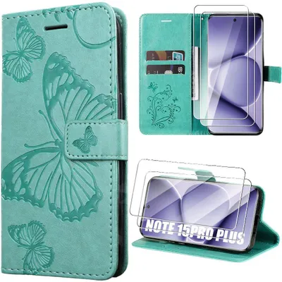 Image de Coque + 2 Verres Trempés pour Xiaomi Redmi Note 15 Pro Plus 5G, CuirPolyuréthaneVert Motif Papillon