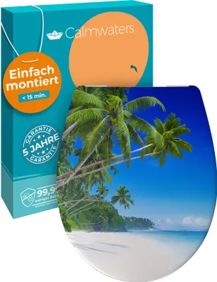 Produktbild von Calmwaters® WC Sitz Motiv Palmenparadies einfache Montage, Toilettendeckel bis 250 kg,  EU, antibakterieller Duroplast, Absenkautomatik, 2 Montage Optionen, abnehmbar, Klobrille, oval