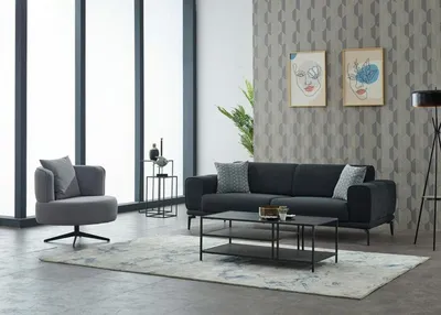 Produktbild von Couchgarnitur Polstersofa Dreisitzer Sessel Schwarz Stoffsofa Set 2tlg