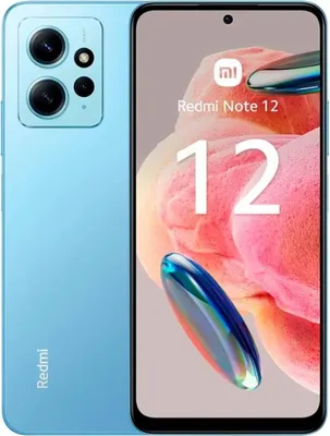 A promotional image of a blue Redmi Note 12 smartphone, displaying the product name and model number.