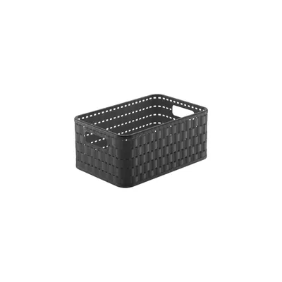A dark gray woven basket is shown against a white background.