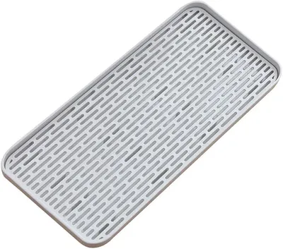 Produktbild von PolkaHome® Abtropfgestell mit Auffangbehälter, 31 x 17,5 cm, kleine Abtropfmatte, Halter für Wassertropfschalen, grau