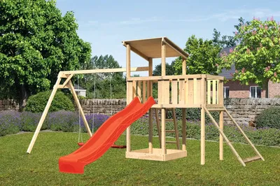 Produktbild von Spielturm Spielhaus Karibu Danny 107 x 107 cm Holz bestehend aus Rutsche,2 Brettschaukeln, Anbau, Netzrampe