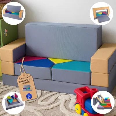 Produktbild von LEANBE Kindersofa 4-in-1 – Multifunktionales Puzzle Spielsofa für kreatives Spielen - Beige&Grau