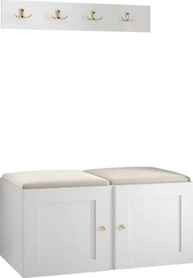 Produktbild von MIRJAN24 Garderoben-Set Orion Ramiro VI, Schuhschrank, Kleiderhakenbrett, 2x Sitzpaneel 42x42, Metallgriffe, 4 Kleiderhaken (Farbe: Weiß, Manila 02)