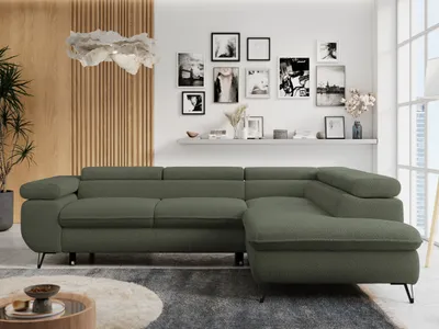 Produktbild von Ecksofa Sofa Grün, Wohnlandschaft L-Form mit Schlaffunktion und Bettkasten, Schlafsofa mit Bettkasten, Sofa mit Einstellbare Kopfstützen, Peter L - Grün Boucle - Rechts Grün