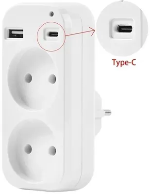 Image de Adaptateur universel avec port USB-C - Adaptateur multiprise 2-en-1, 1200 W/250 V/10 A - Comprend 2 ports USB (5 V/2 A) pour smartphones, tablettes et autres appareils - Blanc