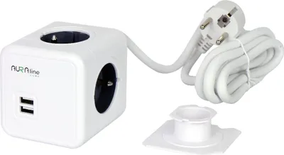 Produktbild von Verlängerungskabel 4 Steckdosen + 2 USB 2,1A/5V AURA-Linie CUBE-Kabel 1,5m 16A Montagehalterung