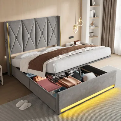 Produktbild von MODFU Doppelbett 160×200 mit Matratze,Polsterbett mit LED und USB Seitentaschen Stauraumbett Jugendbett hydraulischem Hebelsystem mit Viel Stauraum Dunkelgrau
