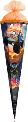 Produktbild von ROTH Schultüte groß Monstertruck Fire mit Spezialborte 85 cm eckig Rot(h)-Spitze Tüllverschluss Zuckertüte Schulanfang