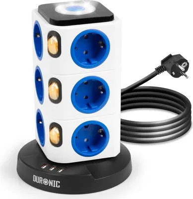 Produktbild von Duronic ET12L Mehrfachsteckdose | Steckdosenwürfel mit 3 USB Ports und touch-sensitives Nachtlicht | 12-Fach Steckdose 3680W 16A | Steckdosenleiste mit Überspannungsschutz | Steckerturm mit 1,8m Kabel