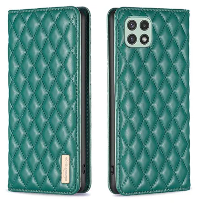 A green quilted flip-style phone case for a Samsung Galaxy A22 5G is shown from the front and side.