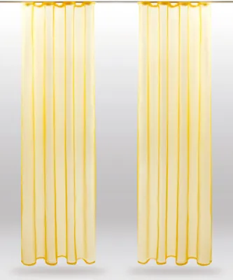 Two yellow sheer curtains hanging vertically against a light gray and white gradient background.
