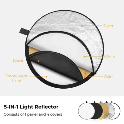 Zdjęcie produktu dla Reflektor fotograficzny – 5-w-1, okrągły, składany – 80 cm – blokuje światło – dyfuzor – akcesoria do przenośnego studia fotograficznego