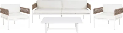Produktbild von BELIANI Lounge Set Weiß u. Beige Aluminium u. Flechtseil Gartensofa 2 Sessel mit Kissen Cremeweiß Couchtisch Terrasse Outdoor 5-Sitzer