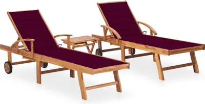 Produktbild von Sonnenliegen 2 Stk. mit Tisch und Auflagen Massivholz Teak