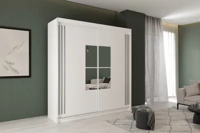 Produktbild von Kleiderschrank JAMAJKA 203 cm Schiebetürenschrank mit Spiegel Weiss + Grau Lamellen
