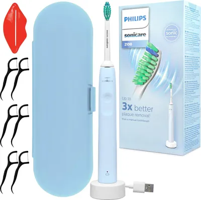 A product shot of a Philips Sonicare electric toothbrush set, including the toothbrush, charging base, travel case, and dental flossers, presented with its packaging.