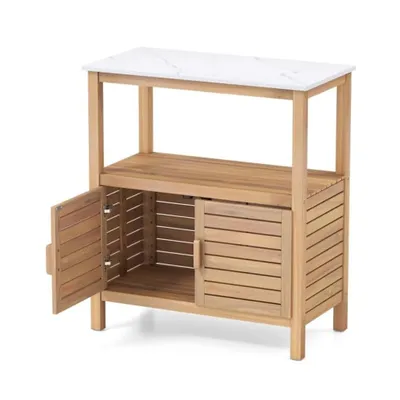 Obrázok produktu pre Vonkajšia skrinka KOMFOTTEU, z masívneho dreva, úložný nábytok s plošinou, záhradný stolík na rastliny s dvierkami, 80 x 40 x 90,5 cm