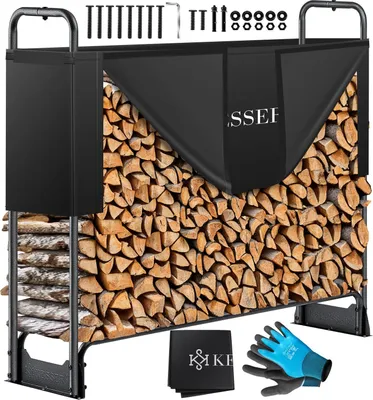 A firewood rack filled with logs, along with a cover and gloves, presented on a white background.