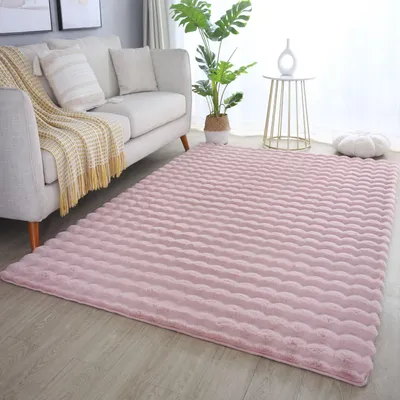 A pink rug is placed in a living room setting next to a sofa and a plant.