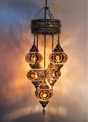 Image de Suspension turque à 5 flammes en verre mosaïque brun - plafonnier oriental avec 5 boules