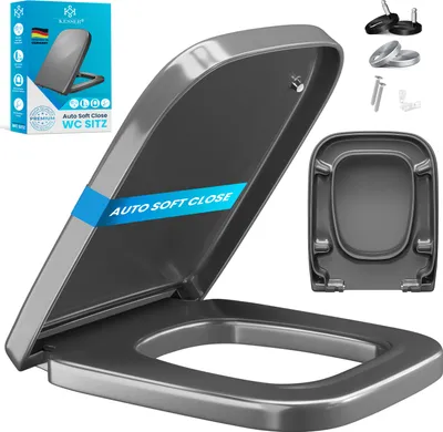A collage of images showing a toilet seat, its packaging, and mounting hardware.
