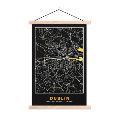 Produktbild von MuchoWow® Textilposter Dublin - Gold - Stadtplan - Karte 40x60 cm mit holzfarbenen Rahmen - Poster