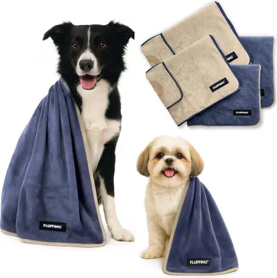 Produktbild von FLUFFINO® Hundehandtuch Mikrofaser – 4er-Pack (2x 90 x 50 cm + 2x 120 x 70 cm) - Beige & Blau