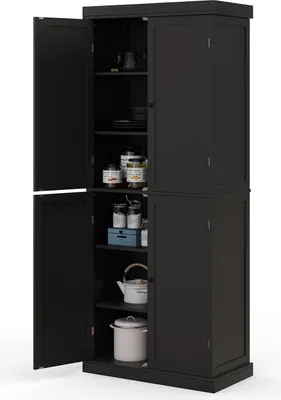 Zdjęcie produktu dla COSTWAY Wysoka szafka łazienkowa, spiżarnia z 4 drzwiami, 2 regulowanymi półkami i 6 przegrodami, szafka kuchenna, 76x40x184,5 cm (czarna)