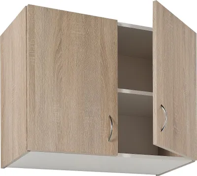 A close-up view of a light wood grain kitchen cabinet with one door open, revealing two shelves.