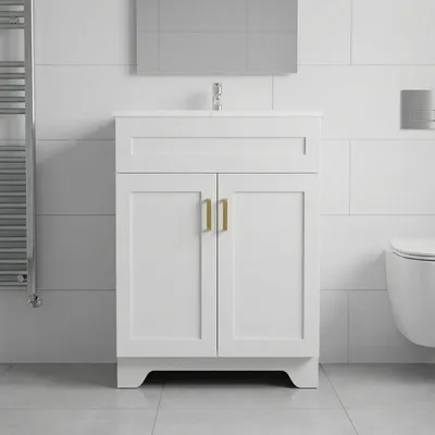 Immagine prodotto di Lavabo con mobile sottolavabo da 60 cm, colore bianco, in Vetroceramica, con ante a chiusura ammortizzata