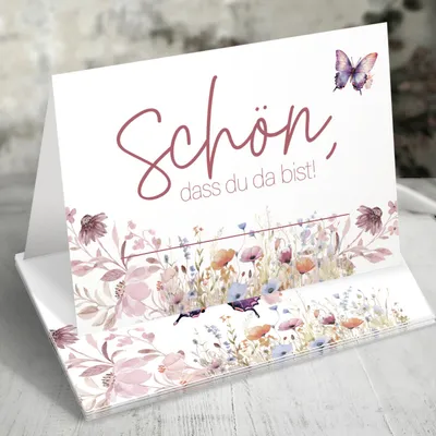 Produktbild von 50 Tischkarten Schön dass du da bist, Floral Butterfly Blumenwiese Hochzeit