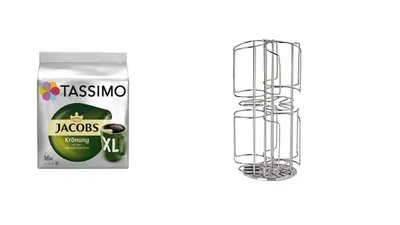 Produktbild von Kapselständer, Kapselhalter "Tassimo" für bis zu 48 Kapseln jedoch 6 Sorten auf kleinster Fläche und drehbar plus 1 Packung Tassimo Krönung xl