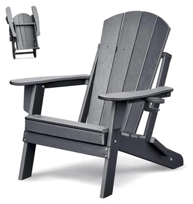 Produktbild von Klappbarer Adirondack-Stuhl mit Getränkehalter aus Kunststoff, wetterfester Gartenstuhl für Terrasse und Garten
