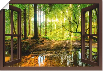 Produktbild von ARTland Poster Fensterblick - Wald mit Bach Größe: 70x50 cm