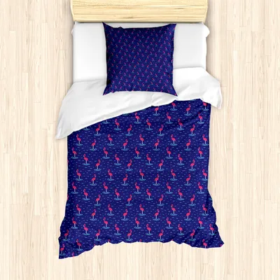 Produktbild von ABAKUHAUS Flamingo Bettbezug Set für Einzelbetten, Gewellte See-Nette Vögel, Milbensicher Allergiker geeignet mit Kissenbezug, Violettblau Dunkle Koralle Himmelblau