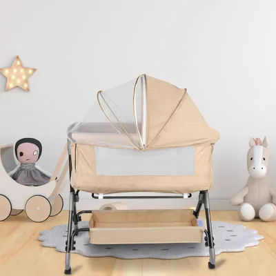 Produktbild von Supfine Beistellbett, cremefarben, 104x52x80-92cm, höhenverstellbar, mit Rollen, Moskitonetz, hautfreundlicher Leinenstoff, Y-Bein-Design, für Neugeborene & Babys, mit Beistellfunktion, seitlicher Reißverschluss