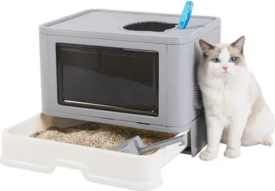 Immagine prodotto di Lettaia pieghevole per gatti - Lettaia chiusa - Ingresso frontale e uscita dall'alto - Con paletta per la lettiera - Plastica - Grigio