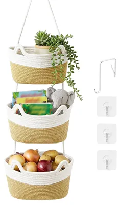Image de Organiseur mural à trois niveaux, panier mural en corde de coton avec 4 crochets, corbeille à fruits amovible, décoration bohème pour la cuisine, la chambre d'enfant, le salon, couleur kaki